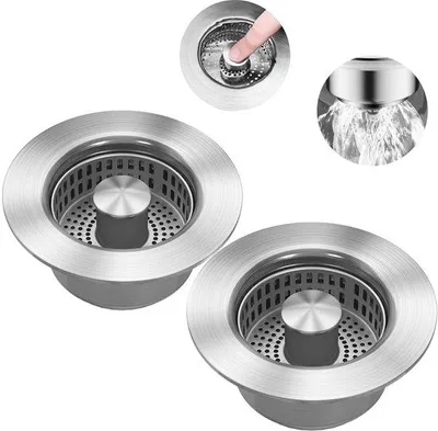 Obrázek produktu pro Uniqoos® Sada 2 kusů sítkových zátků do odtoku z nerezové oceli (304) s výsuvnou sítkou – 3 v 1: zátka a sítko, dvojité silikonové těsnění, vhodné pro dřezy o průměru 71–85 mm
