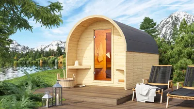 Image de Karibu Sauna à tonneau avec vestibule Sauna à tonneau 5 bancs en bois, sauna avec paroi de 38 mm d'épaisseur Sauna extérieur