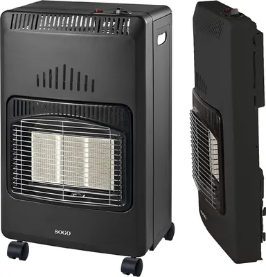 A black gas heater is shown from the front and side.