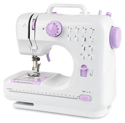 Image de Machine à coudre domestique portable - Mini-machine à coudre - 2 vitesses - Point de surjet - Alimentation en courant continu - Blanche