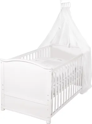 Produktbild von roba Babybett 70 x 140 aus Holz inkl. textile Ausstattung 'Fox & Bunny' - Set mit Matratze, Bettwäsche & Himmel - höhenverstellbar - Weiß / Beige
