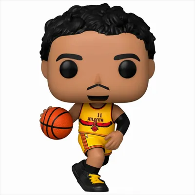A Funko Pop! vinyl figure of basketball player Trae Young in his Atlanta Hawks uniform, holding a basketball.