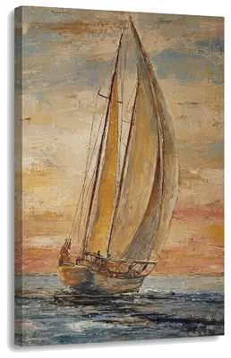 Obrázok produktu pre Obraz plachetnica na mori pri západe slnka na plátne – s ručne maľovanými detailmi - 80x120 cm