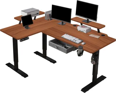 Produktbild von Hilodesk 160cm L-Schreibtisch Elektrisch Höhenverstellbar Eckschreibtisch L Förmiger Bürotische Stehpult mit Monitorständer und Schublade, Retro-Holz