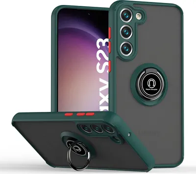 A dark green phone case with a translucent back and a ring holder is shown from multiple angles, with a phone screen visible inside one of the cases.