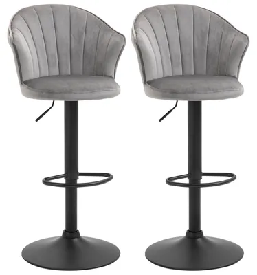 Produktbild von 2er-Set Barhocker drehbare Barstühle mit muschelförmiger Lehne, Samt-Touch-Bezug, höhenverstellbarer Tresenhocker, Schaumstoff-Polsterung, runder Metallfuß mit rutschfesten Pads, Grau, 54 x 56 x 91-111 cm