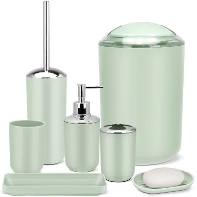 Image de Ensemble de 7 pièces, accessoires de salle de bain vert, comprenant une brosse pour toilettes et une poubelle