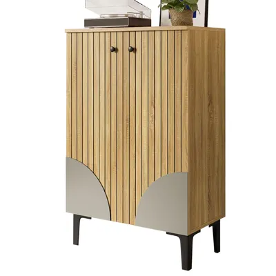 Produktbild von Moderner Holz Schuhschrank mit Türen – Platzsparender Schuh-Organizer mit Regalfächern, Stauraum & schwarzem Metallgestell, elegantes Design