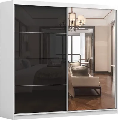 Produktbild von Kleiderschrank M31 mit Spiegel 233 cm, Schwebetürenschrank, Garderobeschrank Schlafzimmer; Wohnzimmerschrank; Korpus Schrank Farbe: Weiß; Farbe der Schrankfront: Schwarz Hochglanz- 2 Schiebetüren