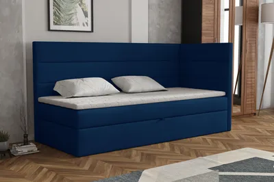 Produktbild von MR GROUP Boxspringbett LUGO 100x200cm rechts dunkelblau Einzelbett Bett Stauraum Kinderbett Jugendbett Samtstoff, Polsterbett Matratze und Topper H3
