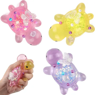 Productafbeelding van Schildpadknijpspeelgoed - Set van 3 - 8 cm - Zacht - Kleverig - Glinsterend schildpadknijpspeelgoed