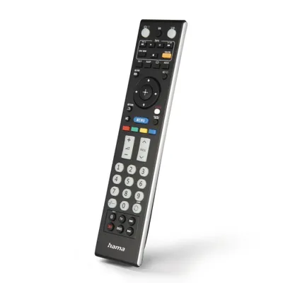 A black and silver remote control is shown against a white background.