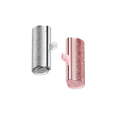 Two glitter-covered power banks, one silver and one rose gold, are shown against a white background.