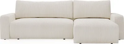 A front view of a cream-colored sectional sofa with a chaise lounge on the right, set against a white background.