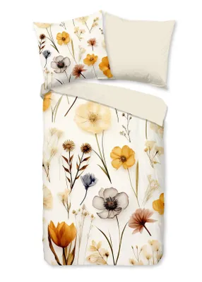 A flat lay of a duvet cover and pillowcase with a floral pattern.