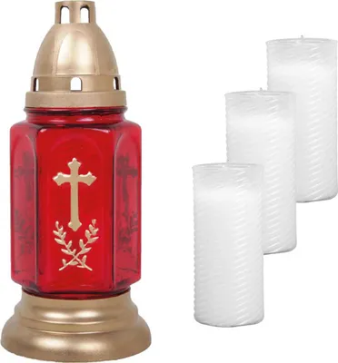 Zdjęcie produktu dla Szklany znicz nagrobny (24 cm) z krzyżem, w zestawie z 4 zniczami, czerwony wzór Bella