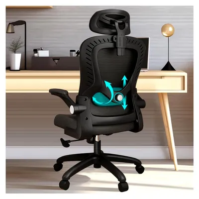 Produktbild von Ergonomischer Bürostuhl mit Lendenwirbelstütze, Armlehnen und verstellbarer Kopfstütze, drehbar, hohe Rückenlehne, für Büro und Zuhause