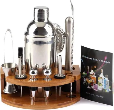 Imagen del producto de Uniqoos® Juego profesional de cocteleras de 12 piezas, 750 ml (25 oz), acero inoxidable. Incluye coctelera tipo Boston, soporte de bambú y accesorios para bar, además de recetas de cócteles