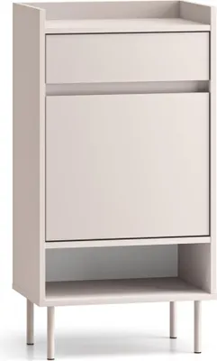 A light beige shoe cabinet with a drawer and open shelf, shown from the front.