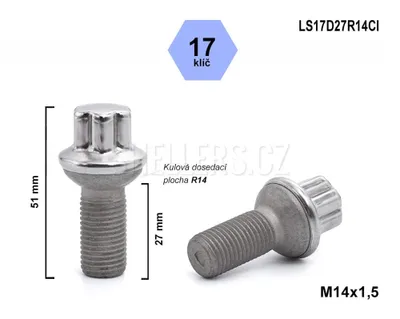 Obrázok produktu pre Skrutka kolesa M14x1,5x27 guľa R14, Mercedes, kľúč 17, LS17D27R14CI, výška 51