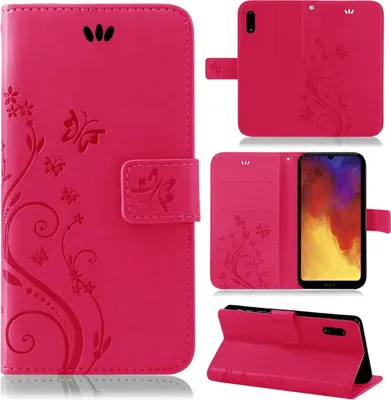 Produktbild von Handytasche für Huawei Y6 2019 Blumen Flip Cover Buchhülle mit Magnetverschluss, Pink