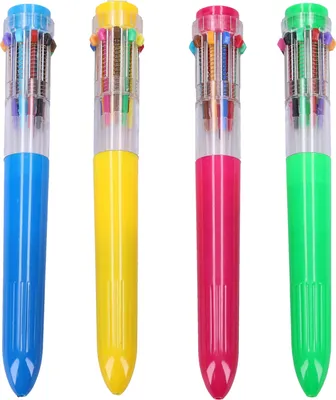 Four multi-colored pens are arranged in a row against a white background.