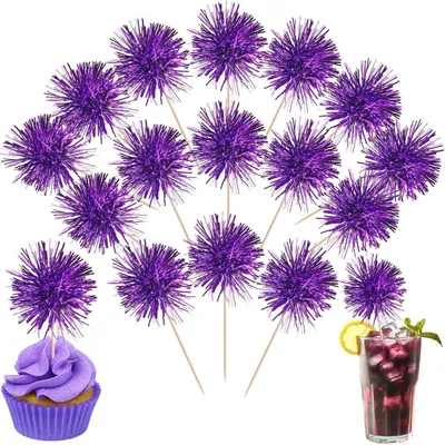 Image de 40 décorations pour gâteaux en forme de feux d'artifice, guirlandes argentées, décorations pour cupcakes, couleur lilas