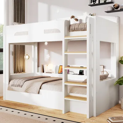 Produktbild von okwish Hochbett 90×200 mit Ablagefächer und USB-Steckdose, Etagenbett mit Sicherheitsgeländer, Jugendbett in Weiß,ohne Matratze