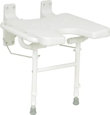 A white foldable shower stool with a hygiene cutout, mounted on a white background.