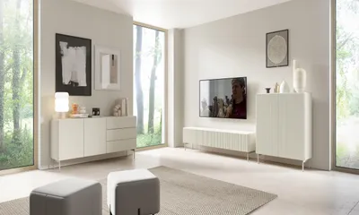 Produktbild von Wohnzimmer-Set Muti in Kaschmir | 3-teilig mit Kommode, Highboard & TV-Lowboard | Design mit Riffel-Fronten