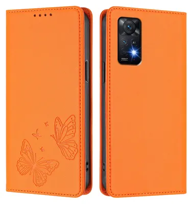 Produktbild von Lederhülle für Xiaomi Redmi Note 11 Pro 5G/4G/Note 12 Pro 4G, Schmetterling Prägung Leder Brieftasche Schutzhülle mit Ständer Orange