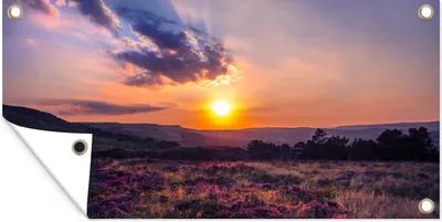 Produktbild von MuchoWow® 160x80 cm Outdoor-Poster Gartendeko Sichtschutz Garten Poster für den Garten  Sonnenuntergang in der Heidelandschaft
