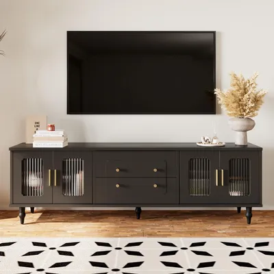 Immagine prodotto di Credenza Sweiko, mobile TV in stile retrò: maniglie dorate, tanto spazio. Con anta in vetro e gambe in legno massiccio