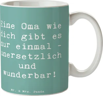 Produktbild von Mr. & Mrs. Panda Teetasse Spruch Einzigartige Oma - Meeresbrise - Geschenk, Dankbarkeit, Aufmerksamkeit, Dankeschön, Danke sagen, liebevoll, Familie, Becher, Handarbeit