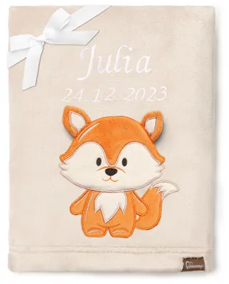 Produktbild von Be Mammy Babydecke mit 3D Applikation bestickt mit Name und Geburtsdatum 76 x 102 cm BE20-280 (Beige – Fuchs, 76 x 102 cm)