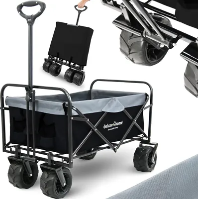 Produktbild von deluxe4home® Bollerwagen faltbar in Schwarz I Breite Reifen Geländetauglich I Mit 2 Netztaschen I Handwagen Transportwagen I Trolley bis 120kg