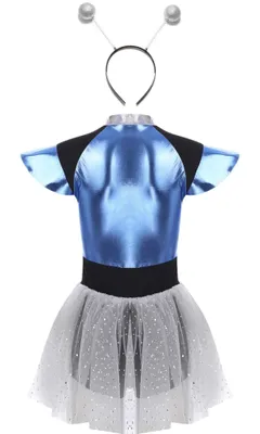 Immagine prodotto di Costume da aliena per donna - tuta da ragazza spaziale con gonna in tulle, maniche metalliche, taglia S - costume da astronauta per feste e carnevale