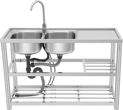 Produktbild von Doppelbecken Küchenspüle 120x45x80cm Doppel Spülbecken Freistehend Edelstahl Küchenspüle Gastro Doppelspüle Küche Doppelwaschbecken mit Wasserhahn Edelstahl Werkbank Spülbecken