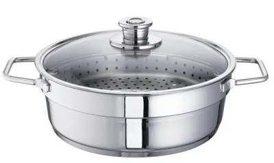 A stainless steel steamer pot with a glass lid, shown from a front-side angle against a white background.