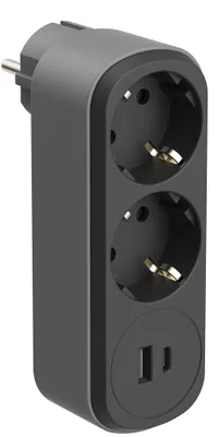 Image de Adaptateur double avec 2 prises de courant 16A et 2 ports USB, noir/gris