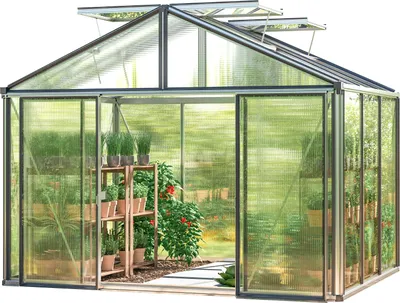 Produktbild von GFP Gewächshaus Asteria 21 Premium 311x235 cm mit integriertem Fundament 16 mm Doppelstegplatten, Farbe Aluminium Silber
