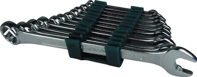 A set of wrenches is neatly organized and held together by a dark green holder.