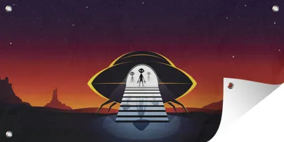 Produktbild von MuchoWow® 160x80 cm Outdoor-Poster Gartendeko Sichtschutz Garten Poster für den Garten  Eine Illustration eines UFOs in der Wüste - Jungen - Mädchen - Kinder - Kinder
