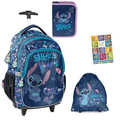 Produktbild von Schulranzen für Jungen und Mädchen, 4er-Set - Trolley-Schulrucksack für Kinder mit Federmäppchen - Schuhbeutel und Hausaufgabenheft - Stitch Motiv