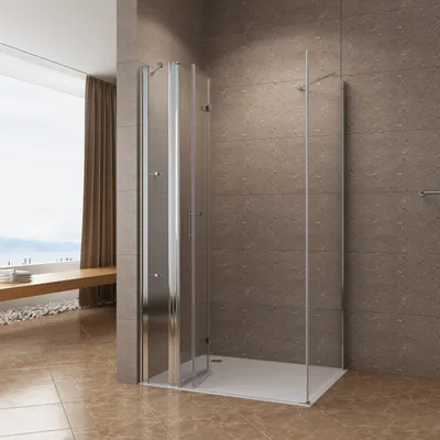 Produktbild von Duschkabine Eckeinstieg Duschabtrennung Duschwand Eckdusche 140x70x195 cm mit Festteil Duschablage 6 mm Nanoglas Hebe-Senk Mechanismus Drehfalttür