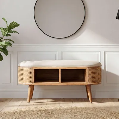 Produktbild von WOHNLING gepolsterte Sitzbank 90 cm Wiener Geflecht - Retro Schuhbank Garderobe Schlafzimmer Wohnzimmer - Garderobenbank Eingangsbereich - Flurbank