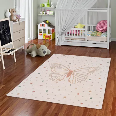 Produktbild von Kinder Teppich Happy Kids Schmetterling Creme, Größe:80x150 cm