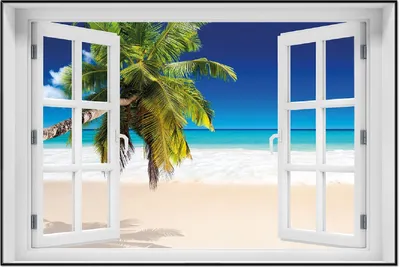 Produktbild von Wallario Wandbild mit Fenster-Illusion: Südseestrand in der Karibik mit Palme, Größe: 61 x 91,5 cm, Poster mit schwarzem Aluminiumrahmen