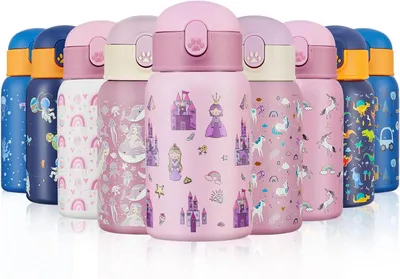 Image de Bouteille d'eau pour enfants, 400 ml, isotherme, en acier inoxydable, sans BPA, avec paille, pour garçons et filles