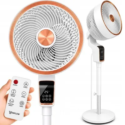 Produktbild von Standventilator mit Fernbedienung, 3D-Oszillation & Duftfunktion – Leiser 3D-Säulen- und Bodenventilator 75W – Weiß-Goldenes Raumklimagerät mit LCD-Te
